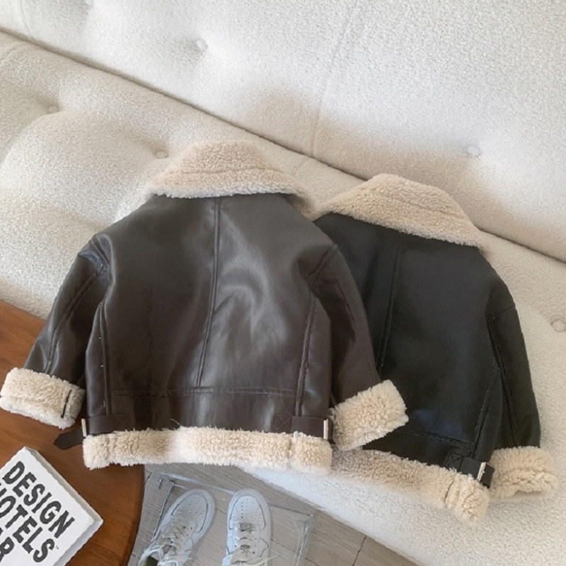 Jackets Fashion Baby Girl Boy PU Leather Jacket Fur In One Winter Infant Toddler Kids Leather Fur Coat Chaqueta Outwear Clothes 1-7Y 230904