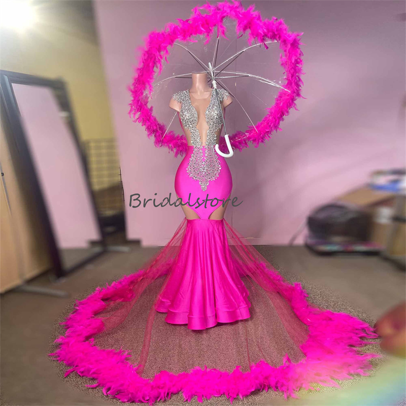 Luxury Hot Pink Crystal Evening Dress With Feather Elegant Fishtail Open Back Birthday Prom Dance Dress Chic Formal Ceremony Party Women Robes De Bal 