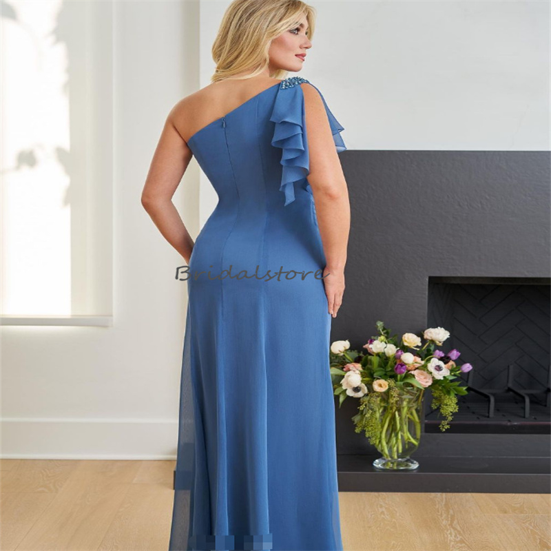Chic Blue Chiffon Mother Of The Bride Dress With Beaded Elegant One Shoulder Wedding Guest Dress With Slit Plus Size Evening Prom Gown 2023 Robe De Fi