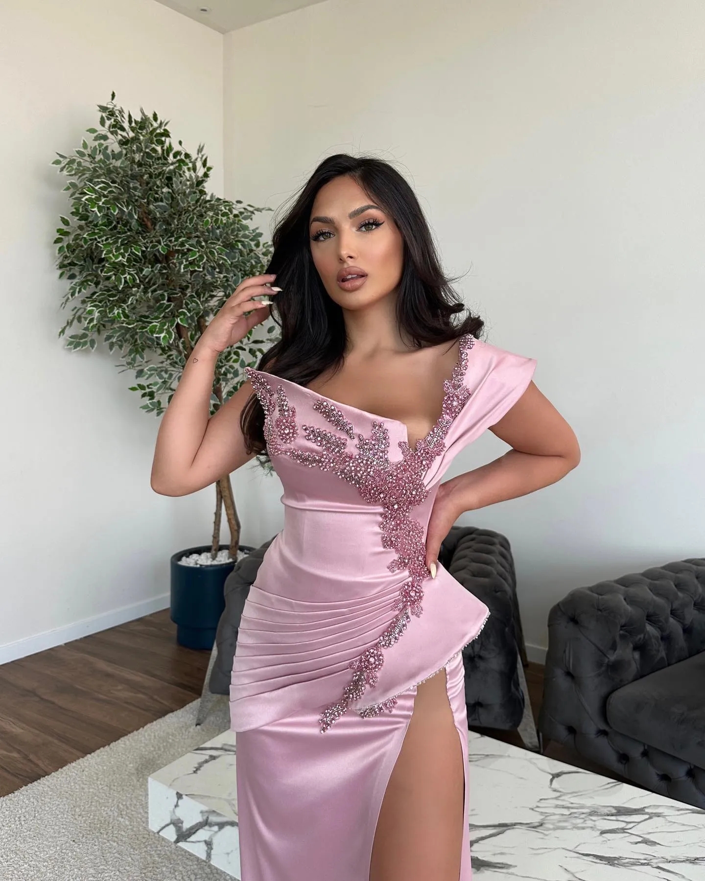 Pink Beaded One Shoulder Prom Dresses Mermaid Satin High Side Split Formal Evening Gowns Woman Bridal Party Dress Robe De Soiree 322