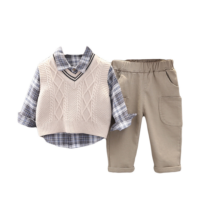Clothing Sets Spring Autumn 3PCS Boys Clothing Set Baby Boys Sweater Vest Long-sleeve Shirts Cargo Pants Clothes Set Infant Children Suit 230904