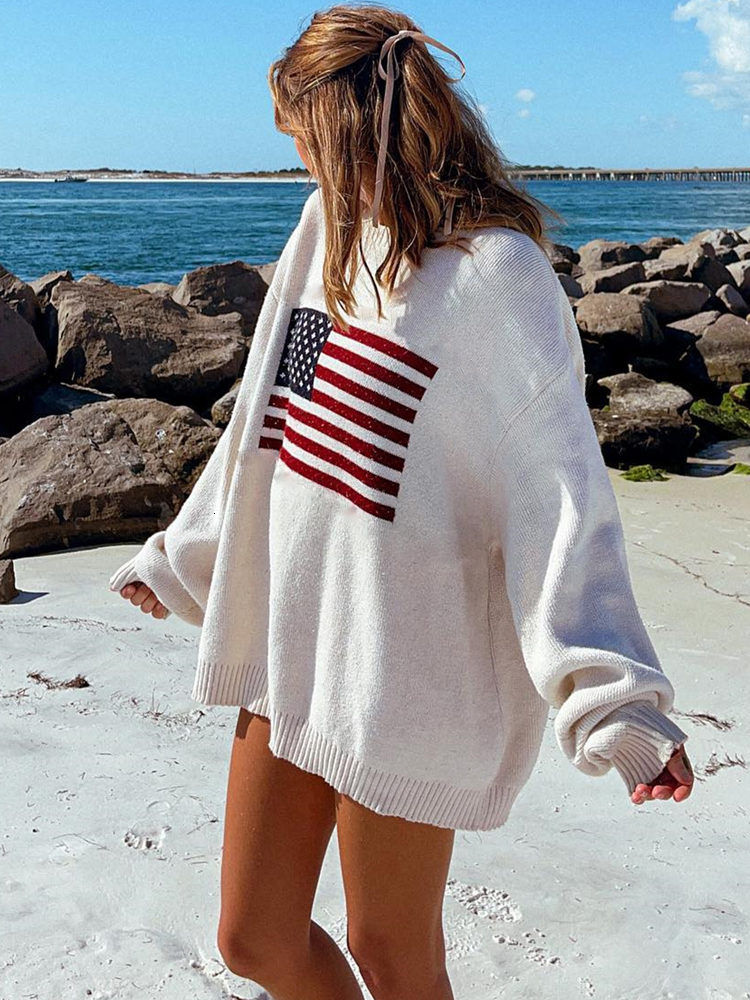 Womens Sweaters Y2K Women Winter Vintage Ladies y American Flag Knit Sweater Aesthetics Long Sleeve Oversize Pullover Tops Clothes 230904