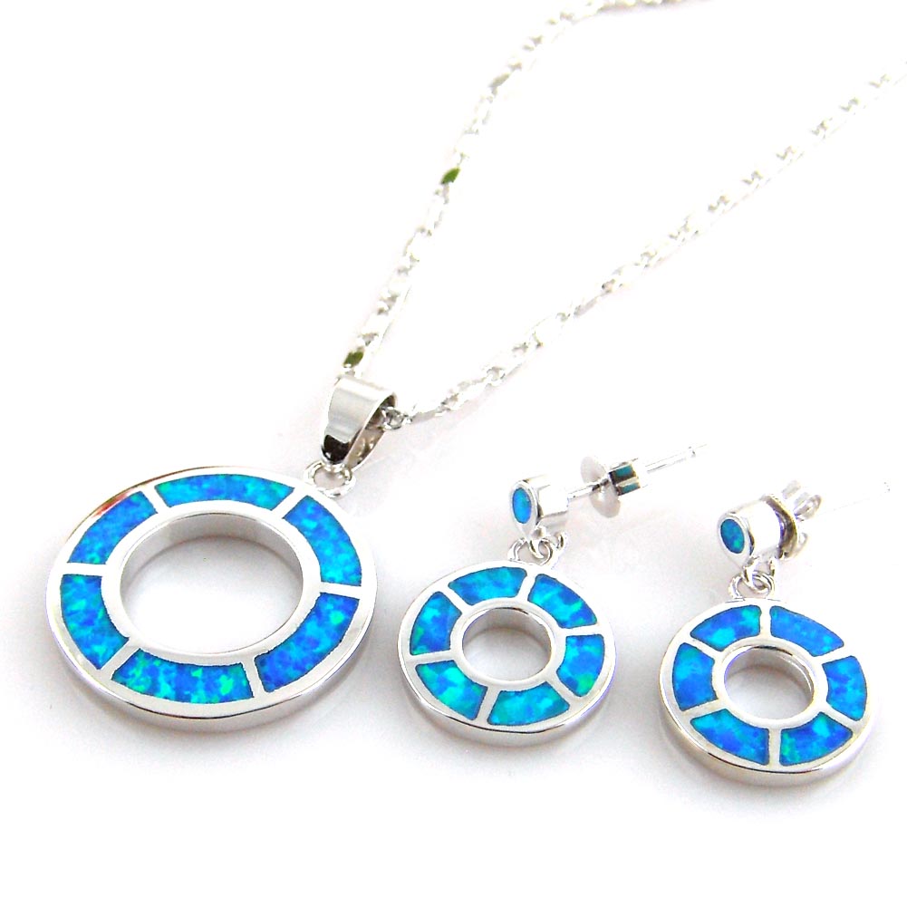 Newest Design Blue Opal jewelry Set Circle Jewelry Pendant and Hoops Earrings for Women
