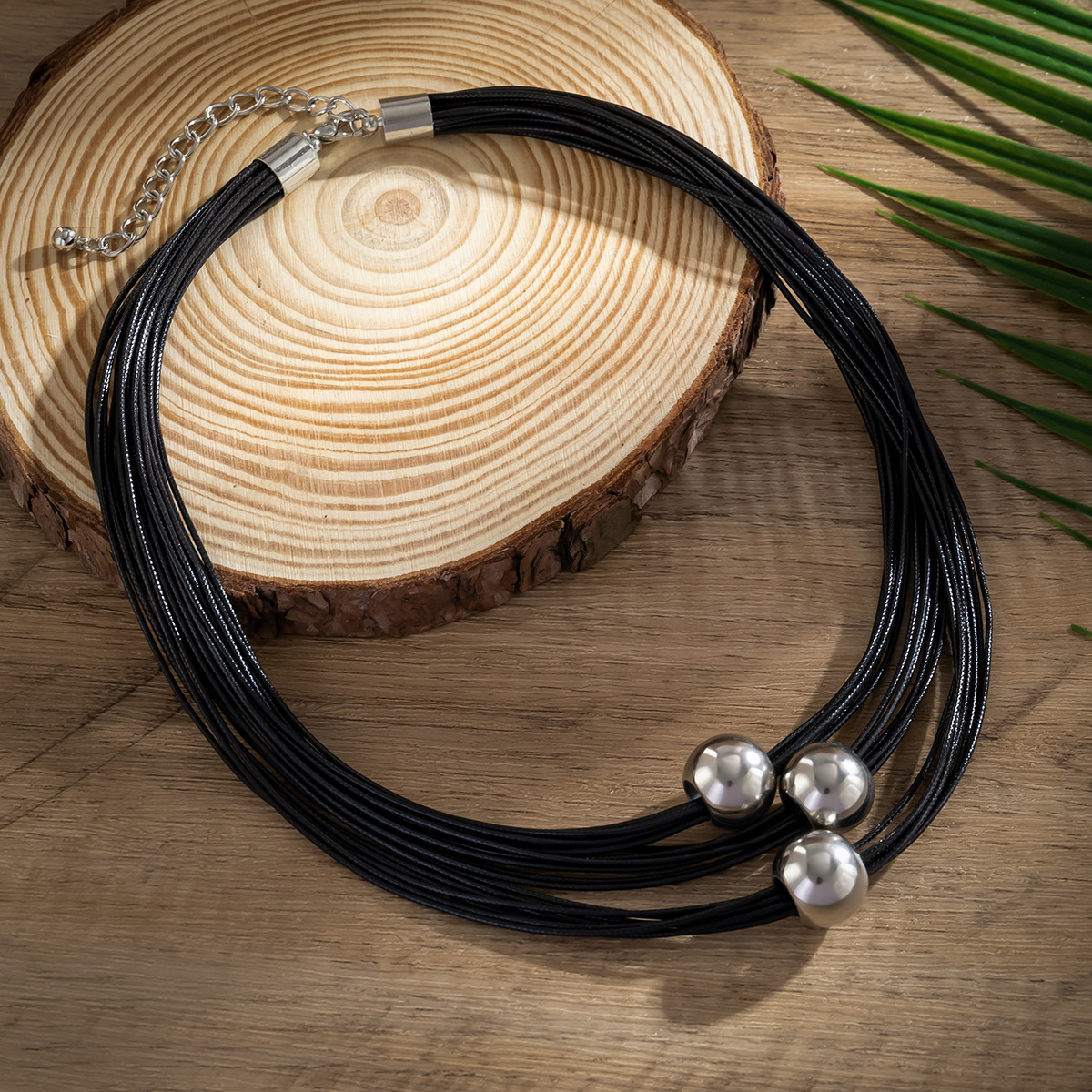 Punk Black Leather Layered Choker Necklace Adjustable Fashion Collar Big Round Gold Color Beads Charm Beading Rock Grunge Wolf Tide Jewelry Gifts for 