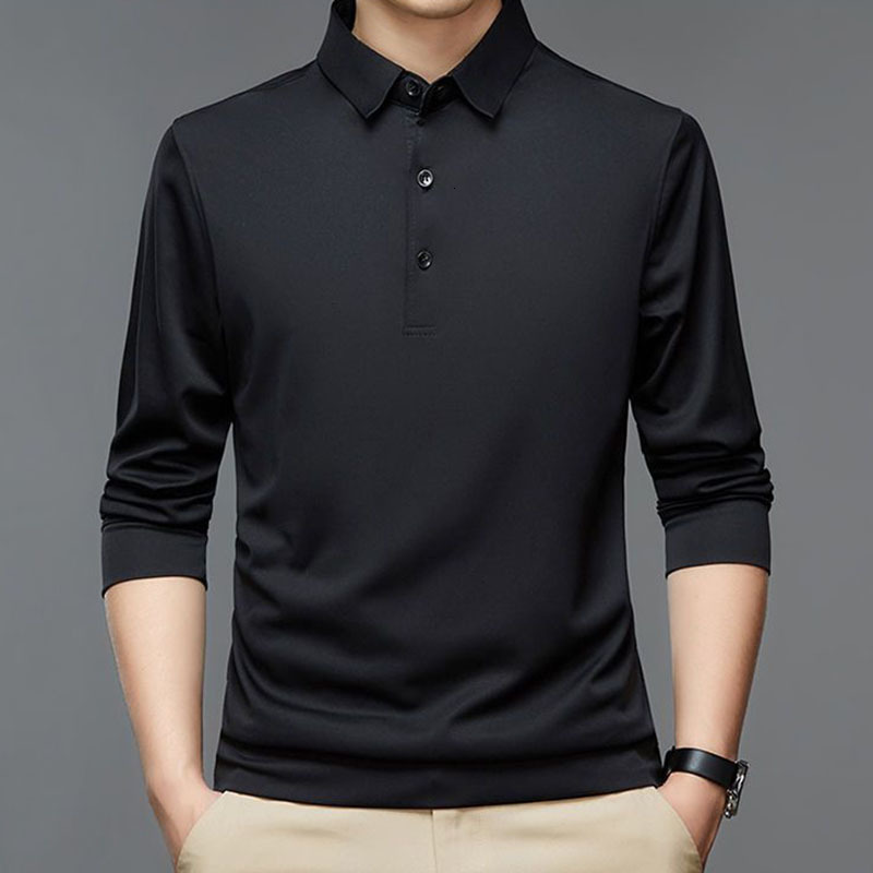 Men's Polos Fashion Men Business Solid Polo Shirts Spring Autumn Cotton Long Sleeve Button Lapel Male Clothing Loose Casual TShirt Tops 230901