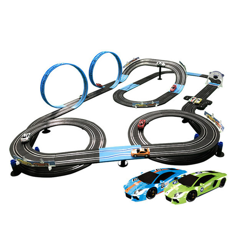 Free shipping Diecast Model Railway Set Racing Track Electric Double Remote Control Car Interactive Autorama Circuit Voiture Toy For Boy Children
