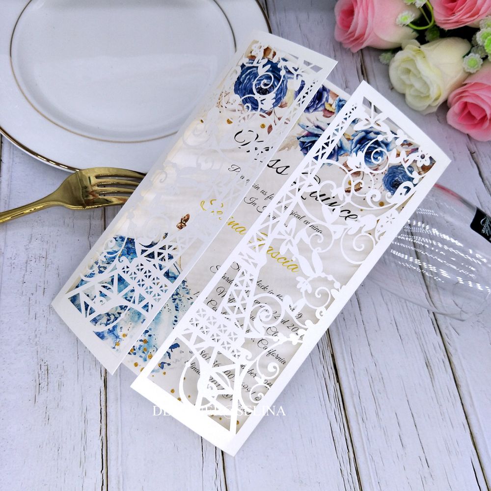 Cream Paris Tower Laser Cut Pocket Wedding Invitations DIY Printable Invitation for Quinceanera XV Birthday Dinner Invites ZZ