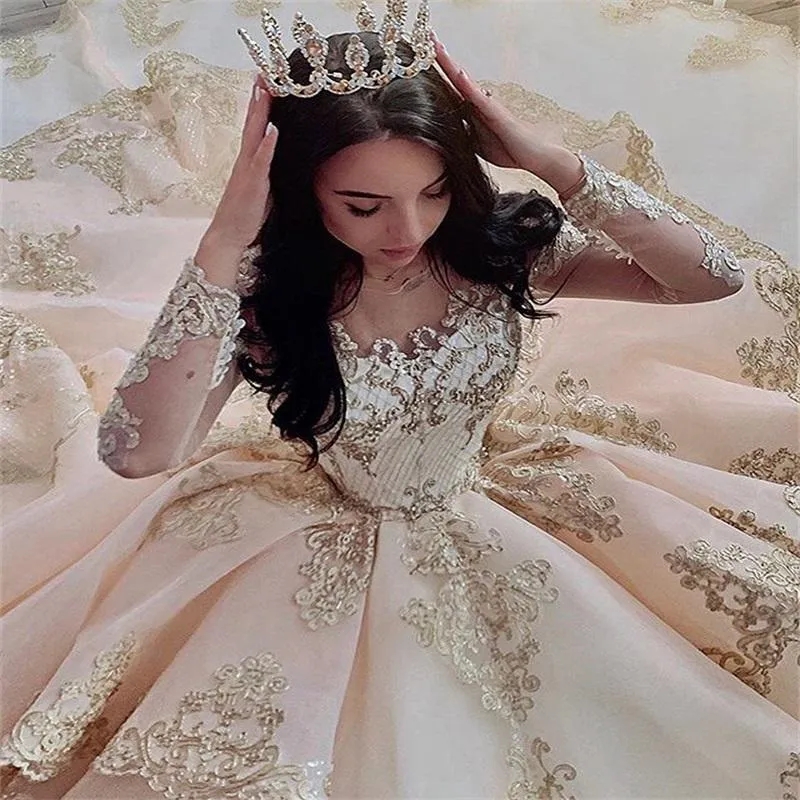 Champagne Princess Ball Gown Quinceanera Dresses Long Sleeves Appliques Sweet 15 16 Dress Prom Pageant Gowns Vestidos