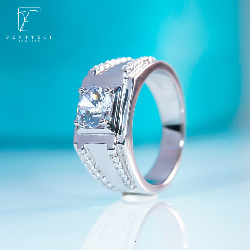 Wedding Rings FENTTECI S925 cincin mewah pria perhiasan cincin pertunangan pernikahan lapis Platinum perak murni warna D untuk pria 230904
