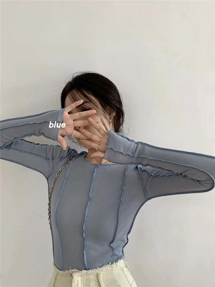 Women s T Shirt Kaus Lengan Panjang Wanita Musim Semi Padat Leher o Elegan Garis Terang Dekorasi Ramping Kasual Lembut Kualitas Tinggi Pakaian 230904