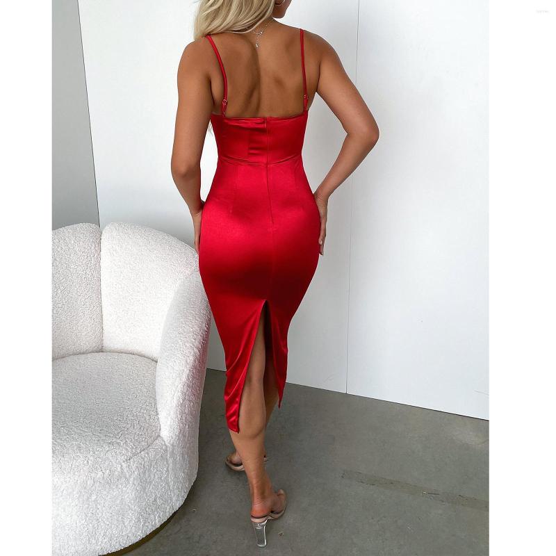 Casual Dresses Ladies Knotted Splicing Slip Dress Women Leisure Style Color Matching Low Cut Backless Sleeveless Back Split Long Skirt Sexy