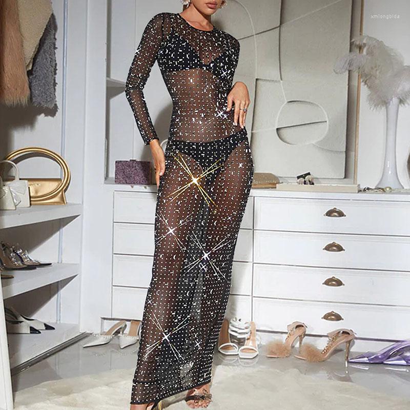 Casual Dresses Sparkly Crystal Rhinestone Bodycon Maxi Dress Women Wedding Evening Mesh See Through Night Party Club Birthday Long Robe