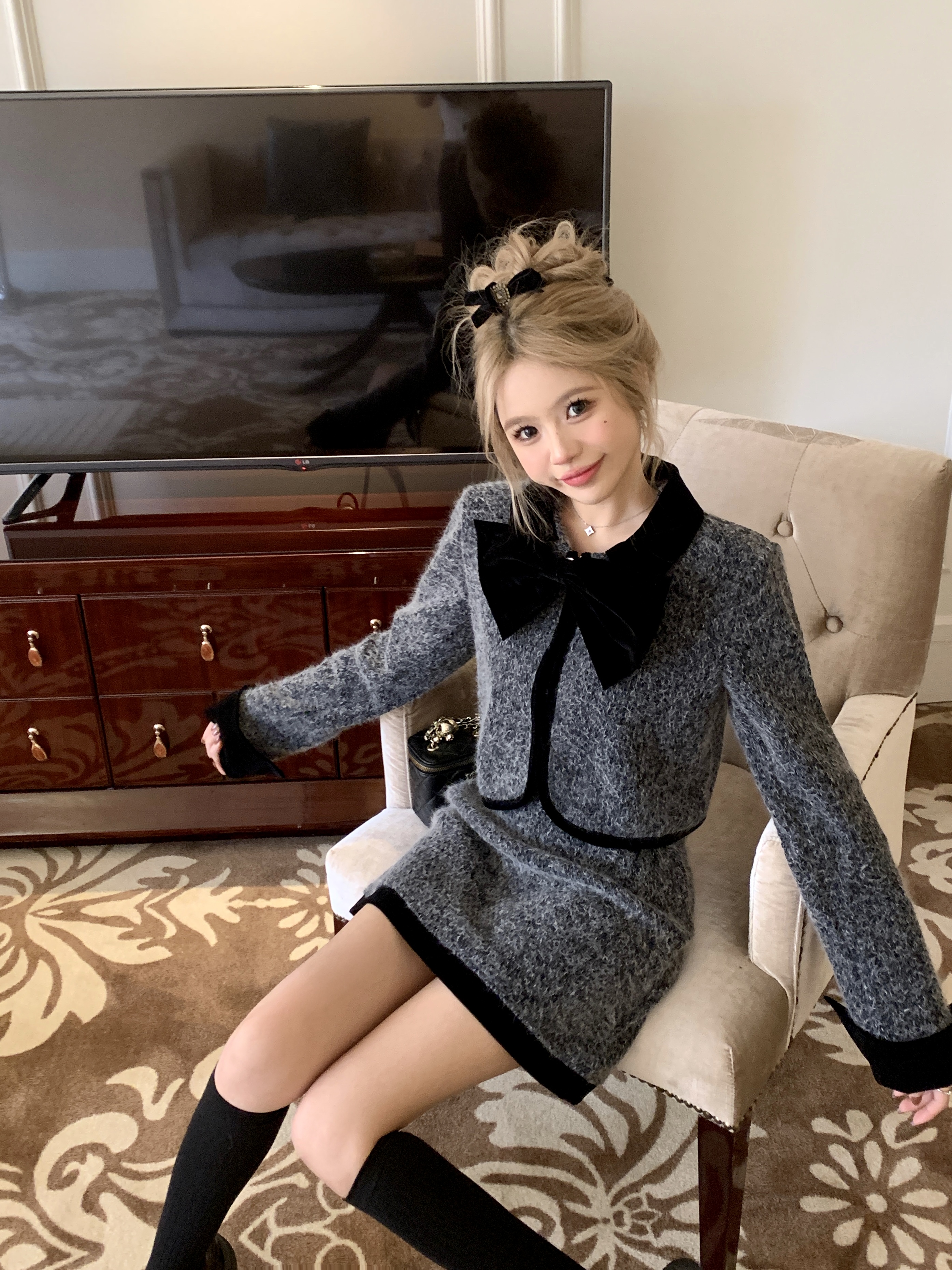 Womens autumn color block turn down collar bow patched woolen jacket and skirt twinet 2 pc dress suit SML