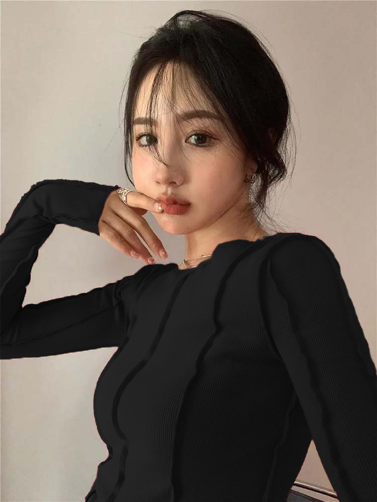 Women s T Shirt Kaus Lengan Panjang Wanita Musim Semi Padat Leher o Elegan Garis Terang Dekorasi Ramping Kasual Lembut Kualitas Tinggi Pakaian 230904