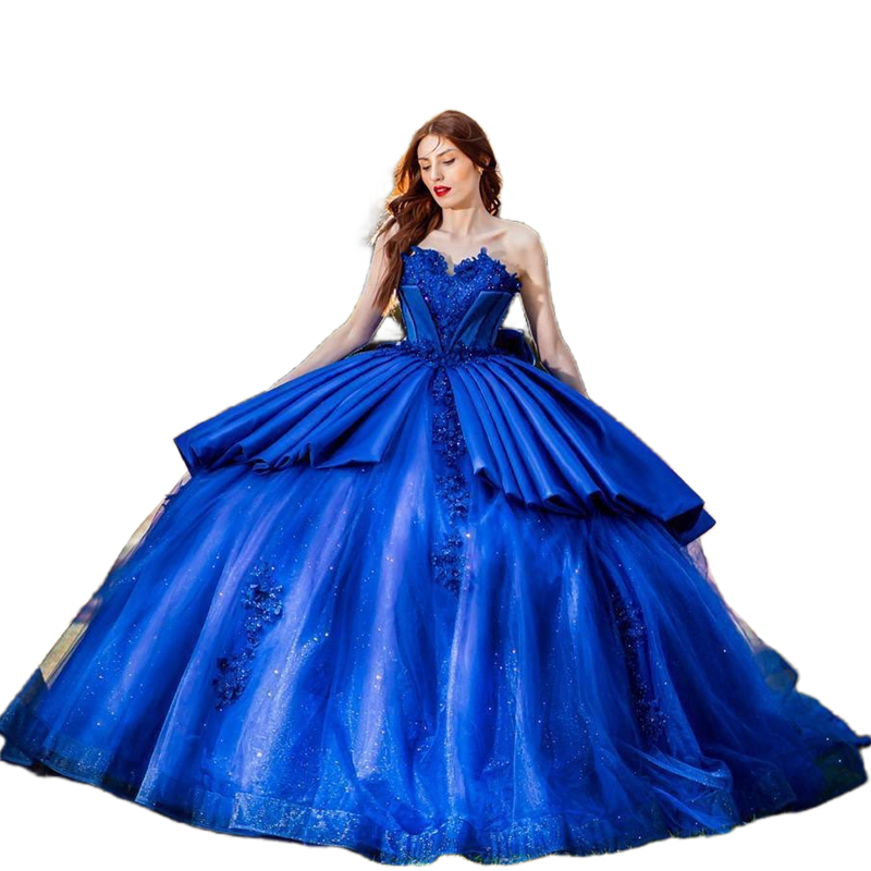 Royal Blue Princess Quinceanera Dresses Sweetheart Neck Bow Back Corset Ball Gown Long Train Sweet 16 Dress Lace Appliques Satin And Organza Special O