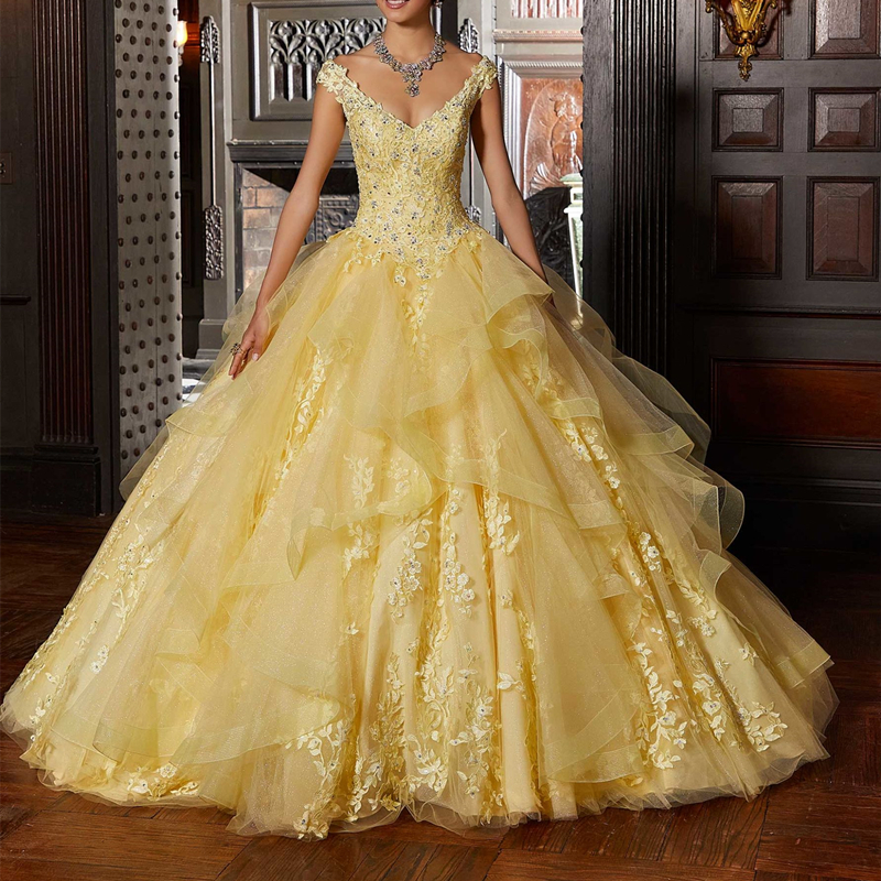 2023 Flounced Tulle Quinceanera Dresses Straps V-Neck Light-Yellow Sweet 16 Dress Lace Appliques Crystals Beaded Floor Length Fabulous Brithday Party 