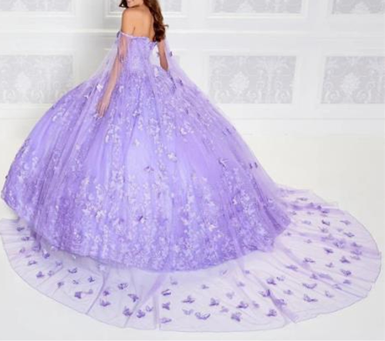 Lavender Lilac Butterfly Quinceanera Dresses 3D Lace Appliques Beaded Ball Gown Sweet 16 Girls Party Prom Special Occasion Gowns Vestido de 15 Anos