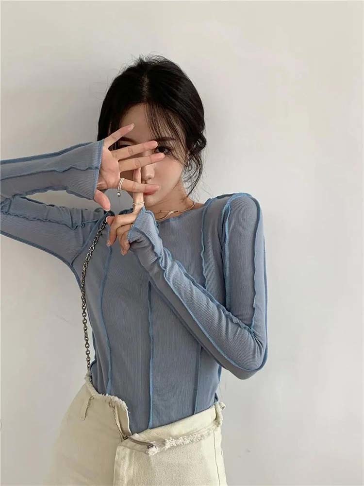 Women s T Shirt Kaus Lengan Panjang Wanita Musim Semi Padat Leher o Elegan Garis Terang Dekorasi Ramping Kasual Lembut Kualitas Tinggi Pakaian 230904