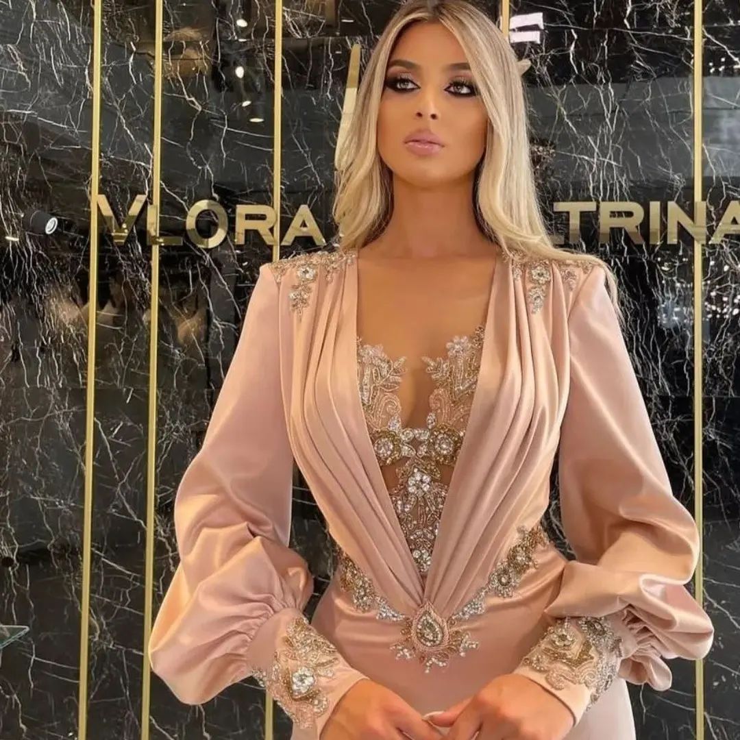 Satin Elegant Pink Mermaid Evening Dresses Deep V Neck Crystal Beading Long Sleeve Prom Gowns Custom Made Plus Size Pageant Party Wear 322