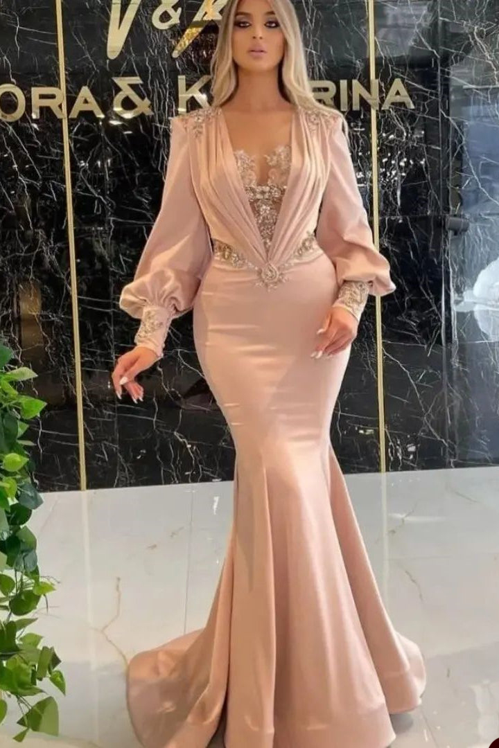 Satin Elegant Pink Mermaid Evening Dresses Deep V Neck Crystal Beading Long Sleeve Prom Gowns Custom Made Plus Size Pageant Party Wear 322