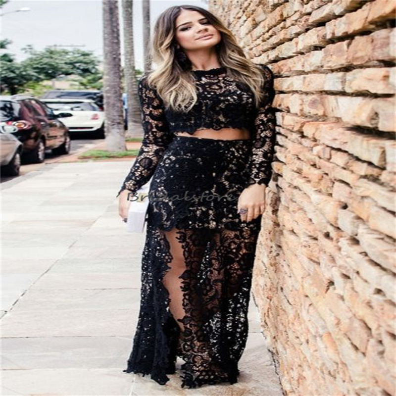Sexy Two Piece Black Evening Dress 2023 Full Lace Long Sleeve Maxi Prom Dress With Slit Elegant Holiday Formal Birthday Party Gown Dance Robes De Bal 
