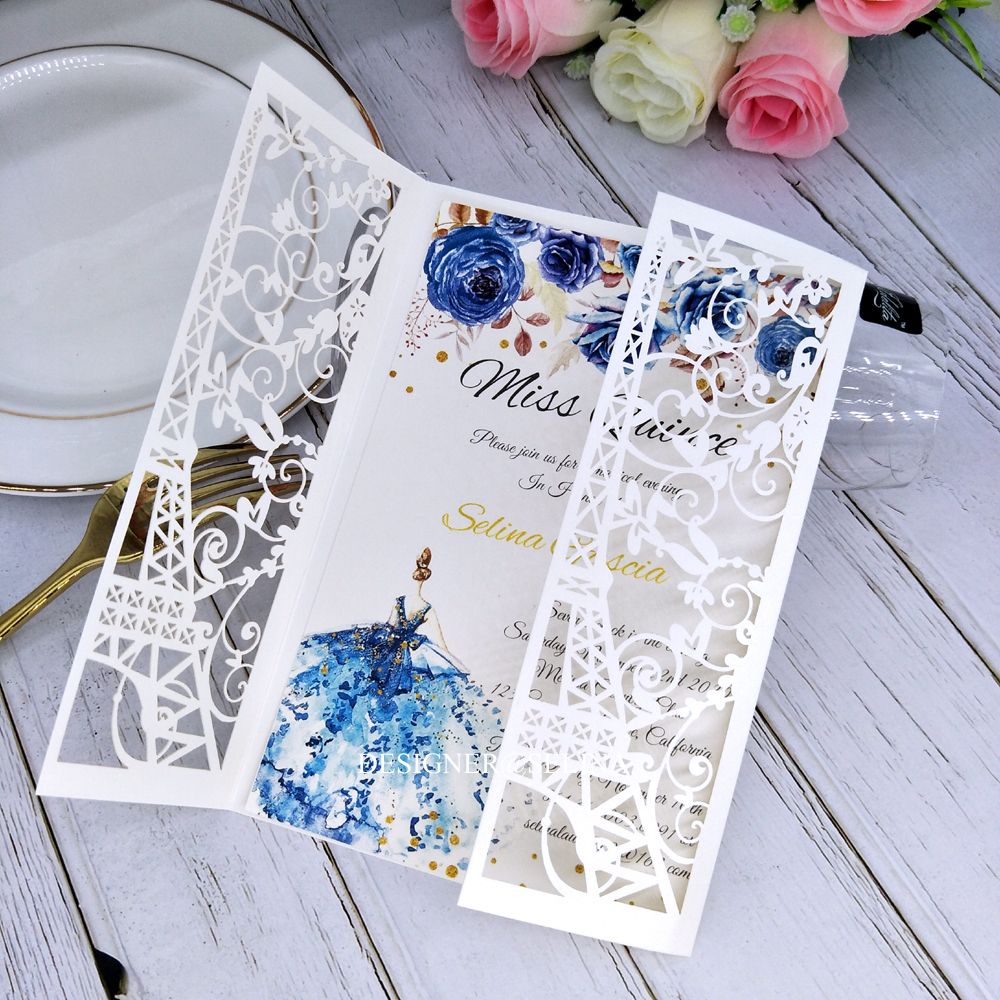 Cream Paris Tower Laser Cut Pocket Wedding Invitations DIY Printable Invitation for Quinceanera XV Birthday Dinner Invites ZZ