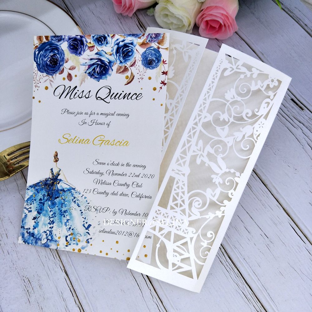 Cream Paris Tower Laser Cut Pocket Wedding Invitations DIY Printable Invitation for Quinceanera XV Birthday Dinner Invites ZZ