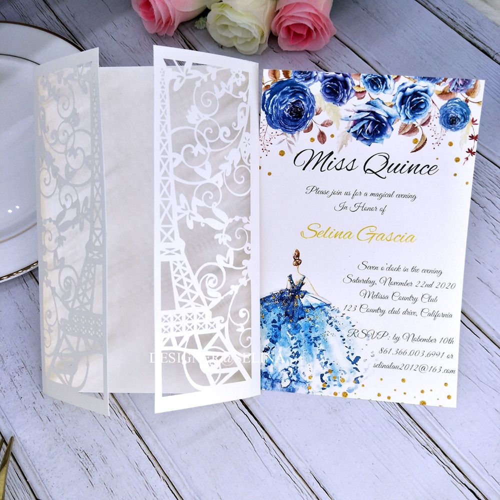 Cream Paris Tower Laser Cut Pocket Wedding Invitations DIY Printable Invitation for Quinceanera XV Birthday Dinner Invites ZZ