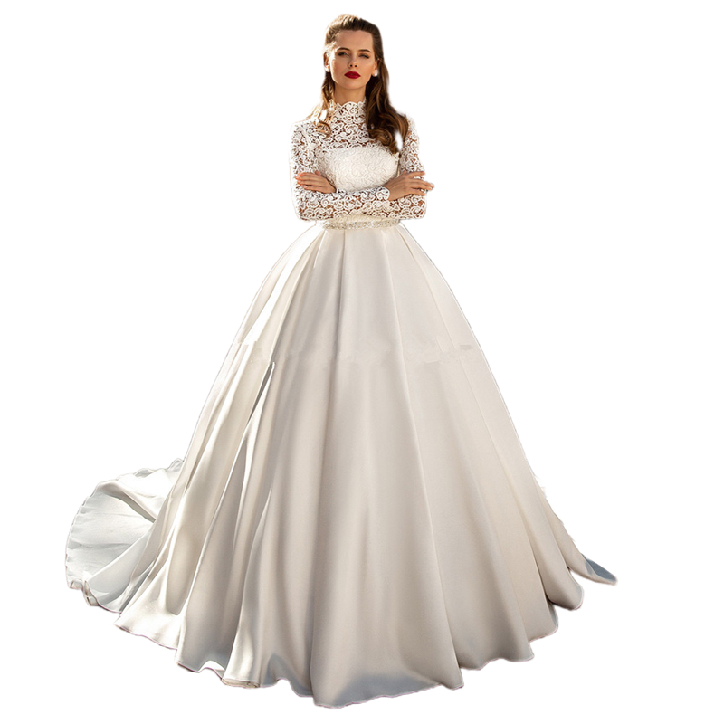 Simple High Neck A Line Wedding Dresses Long Sleeves Lace Top Court Train Ivory Satin Bride Gowns Vestido De Noiva Modest 2023 Custom Vintage Robe De 