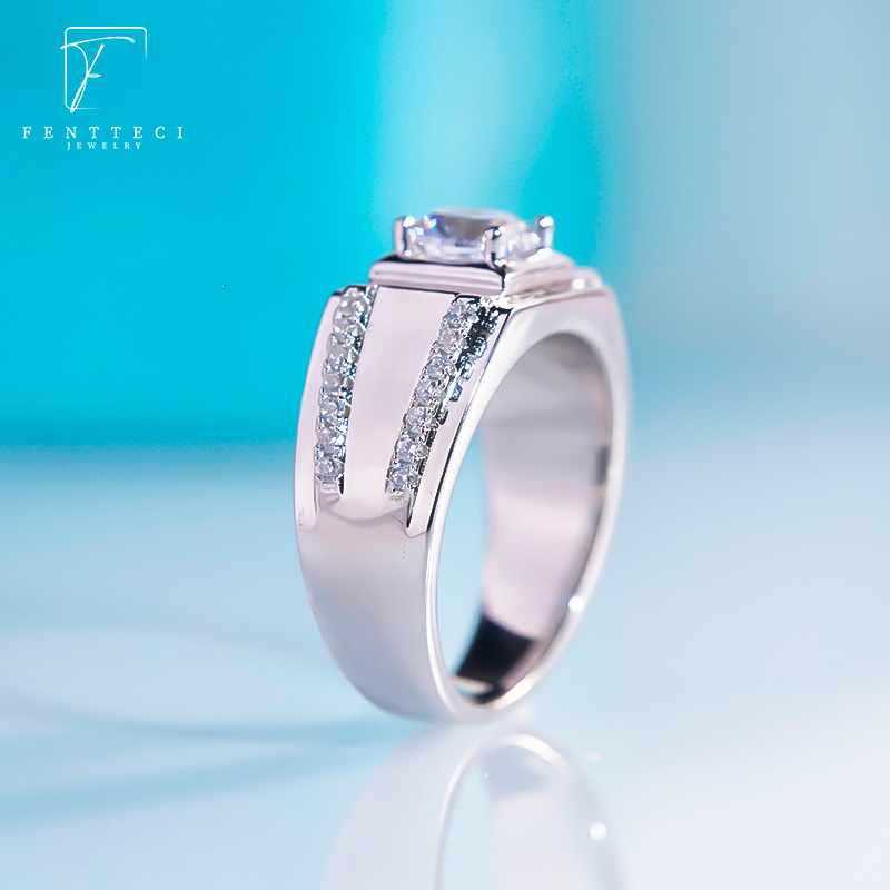 Wedding Rings FENTTECI S925 cincin mewah pria perhiasan cincin pertunangan pernikahan lapis Platinum perak murni warna D untuk pria 230904