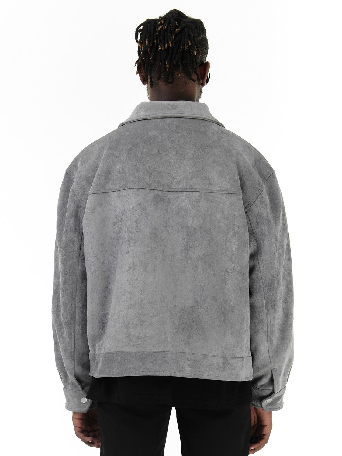 Men's Vintage Suede Zip Up Jacket Casual Short Sleeve Gray Hip Hop Streetwear B3