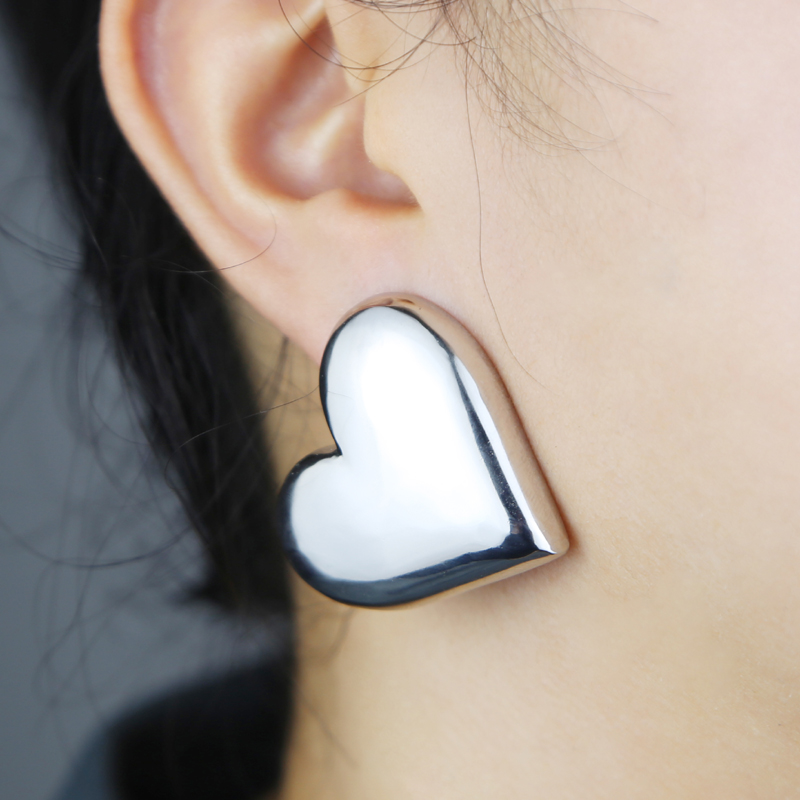 Big Heart Stud Earrings 35mm Iced Out Smooth Shiny Women's Hip Hop Jewelry - Wholesale Drop Ship