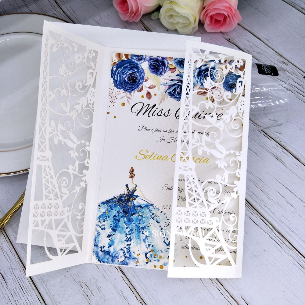 Cream Paris Tower Laser Cut Pocket Wedding Invitations DIY Printable Invitation for Quinceanera XV Birthday Dinner Invites ZZ