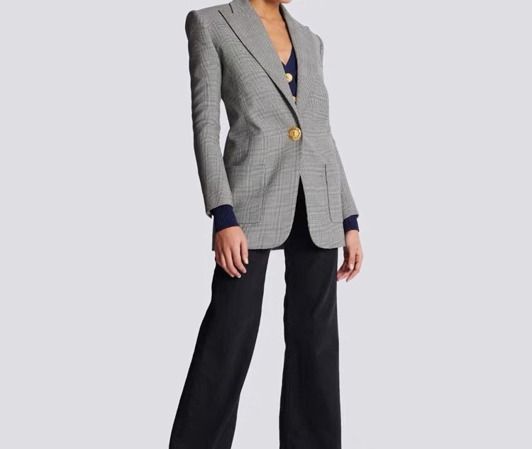 Women's Long Sleeve Gray Cotton Blend Blazer With Button Decoration - Lapel Neck, Athleisure Style, Daily Outfit,