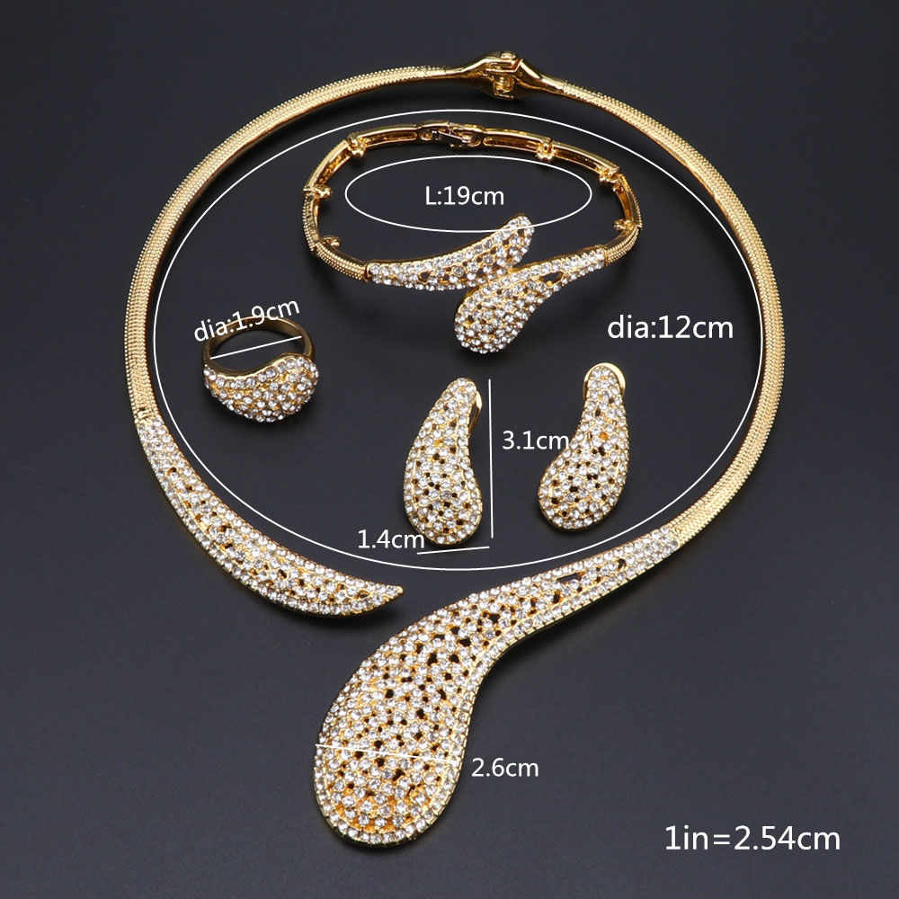 Charm Bracelets Gold Color Jewelry Set Water Drop Pendant Dubai Costume Jewelry African Simple Elegant Necklace Earring Bracelet Ring Set 230901