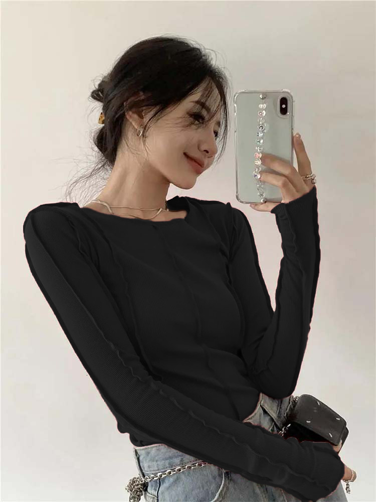 Women s T Shirt Kaus Lengan Panjang Wanita Musim Semi Padat Leher o Elegan Garis Terang Dekorasi Ramping Kasual Lembut Kualitas Tinggi Pakaian 230904