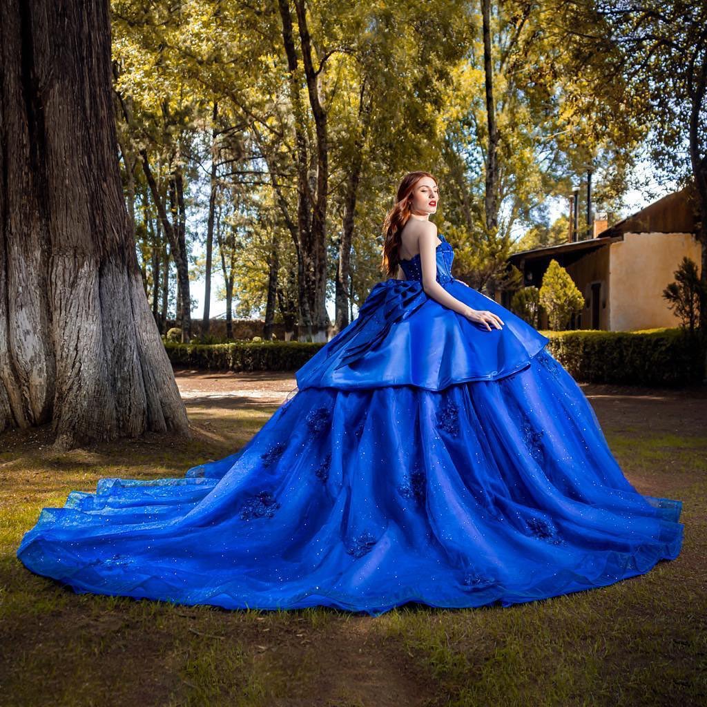 Royal Blue Princess Quinceanera Dresses Sweetheart Neck Bow Back Corset Ball Gown Long Train Sweet 16 Dress Lace Appliques Satin And Organza Special O