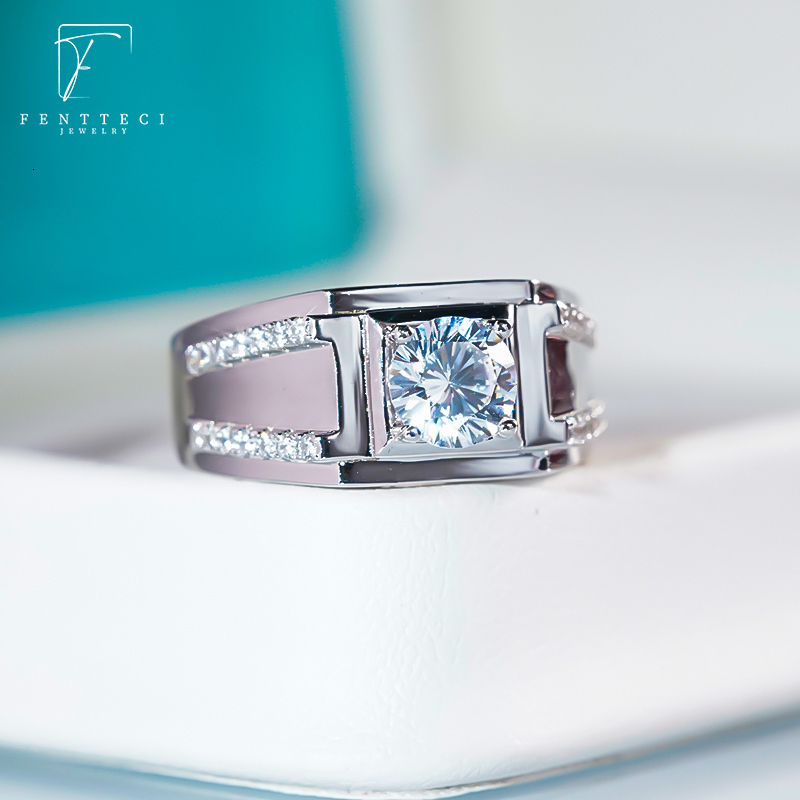 Wedding Rings FENTTECI S925 cincin mewah pria perhiasan cincin pertunangan pernikahan lapis Platinum perak murni warna D untuk pria 230904