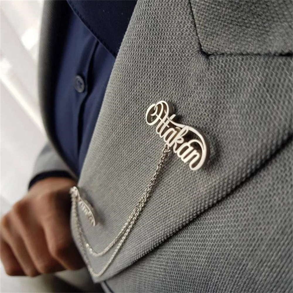 Jewelry Pouches Bags Bros nama rantai personalisasi Pin kerah lencana baja tahan karat nama khusus hadiah pernikahan setelan lencana kerah pernikahan 