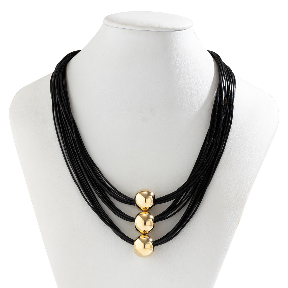 Punk Black Leather Layered Choker Necklace Adjustable Fashion Collar Big Round Gold Color Beads Charm Beading Rock Grunge Wolf Tide Jewelry Gifts for 