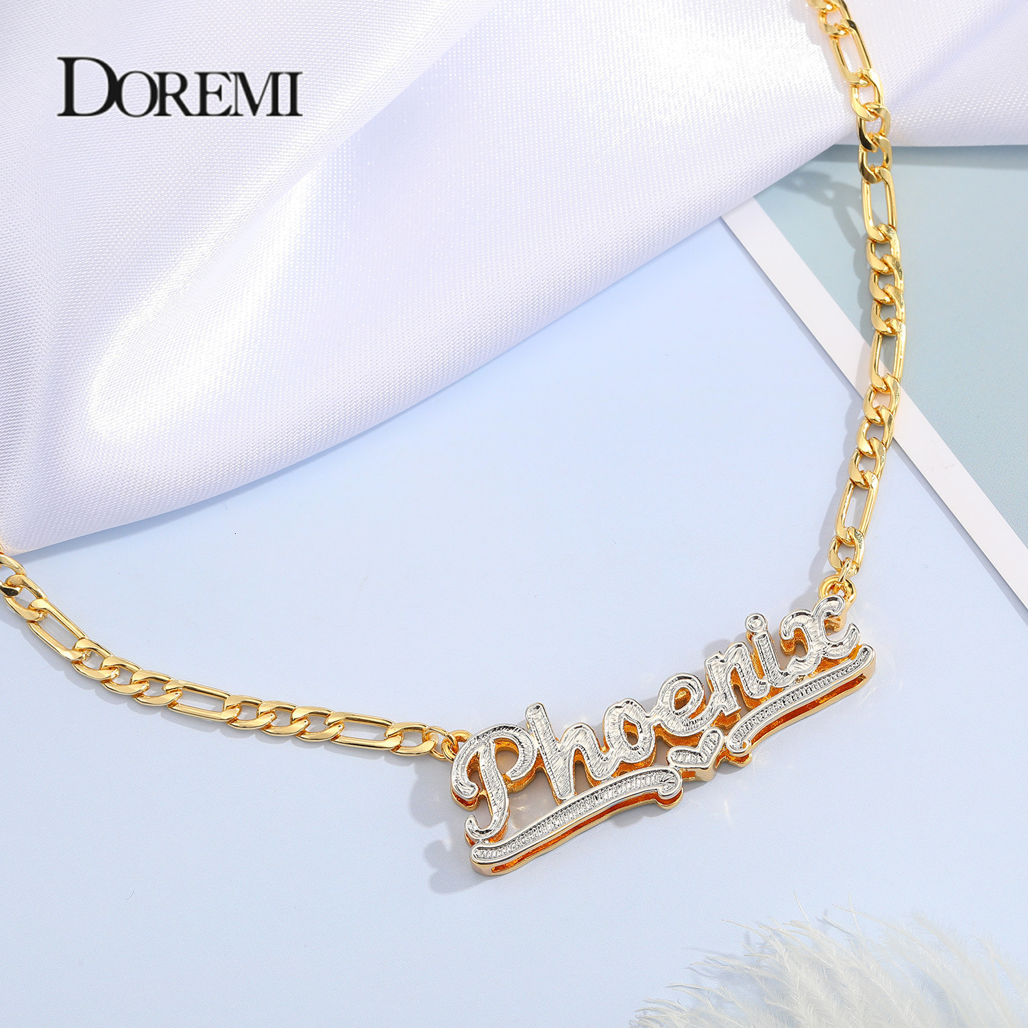 Pendant Necklaces Kalung 3D Berlapis Ganda Kalung Kustom Pelat Nama Berlapis Emas Kalung Unik Choker Wanita Figaro Rantai Kalung Nama 230904