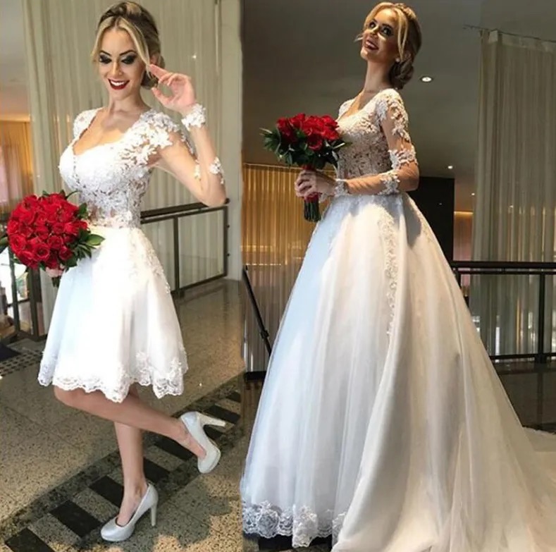 Bridal Gowns Ivory Wedding Dresses Formal A Line Sweetheart Long Sleeve Detachable Train Tulle Applique Beaded White Zipper Lace Up Custom New Plus Si