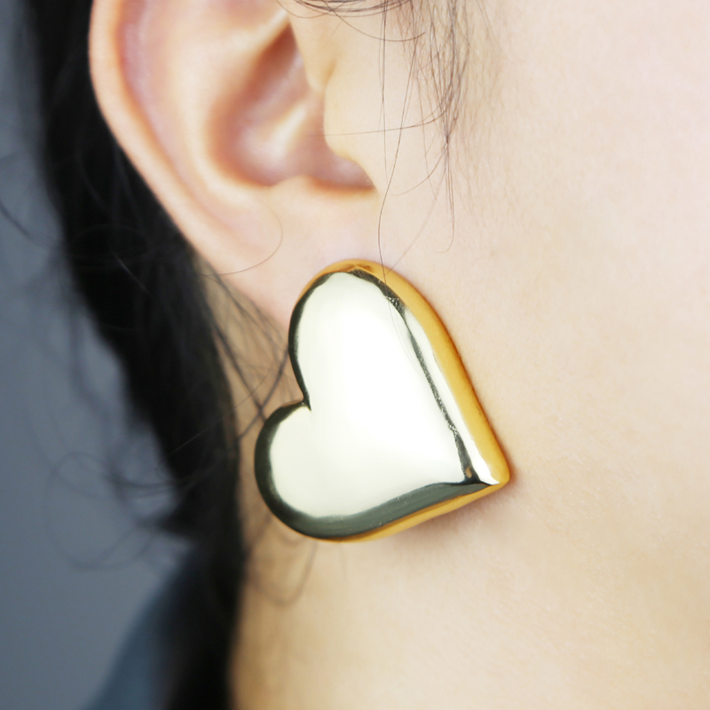 Big Heart Stud Earrings 35mm Iced Out Smooth Shiny Women's Hip Hop Jewelry - Wholesale Drop Ship