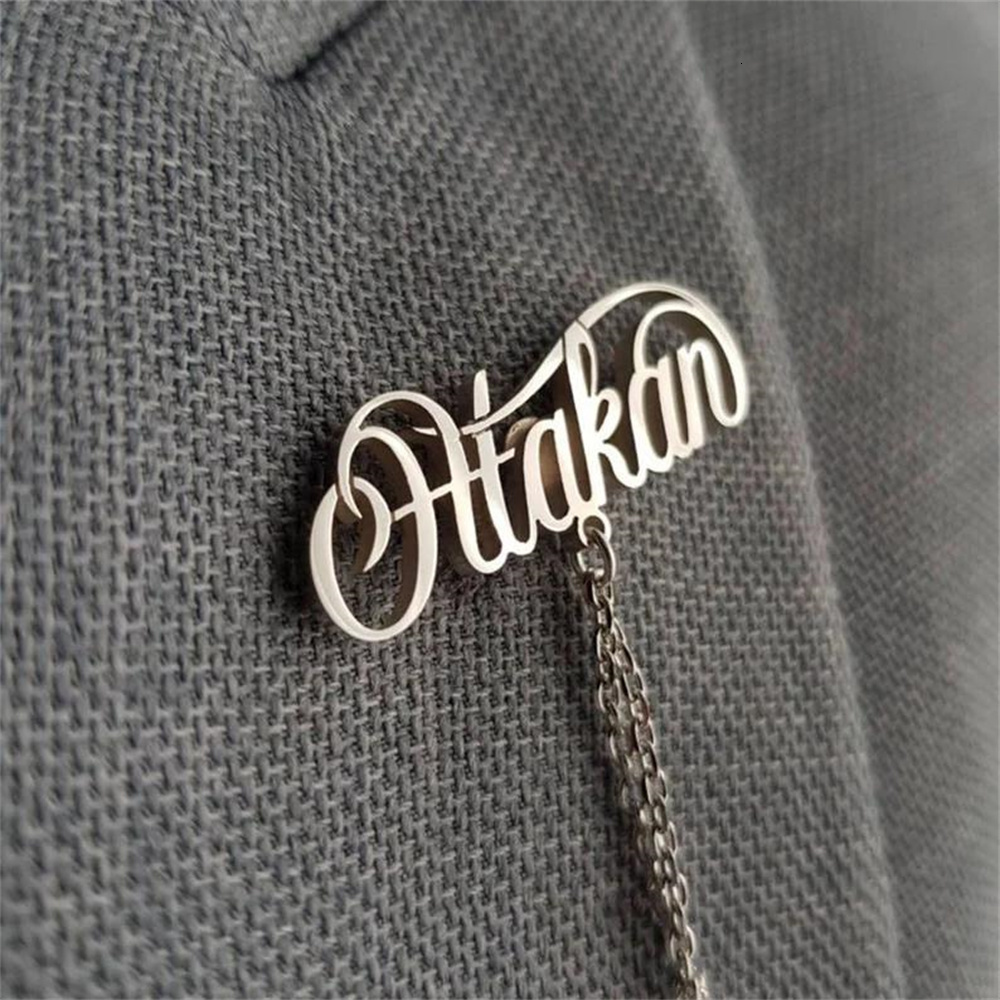 Jewelry Pouches Bags Bros nama rantai personalisasi Pin kerah lencana baja tahan karat nama khusus hadiah pernikahan setelan lencana kerah pernikahan 