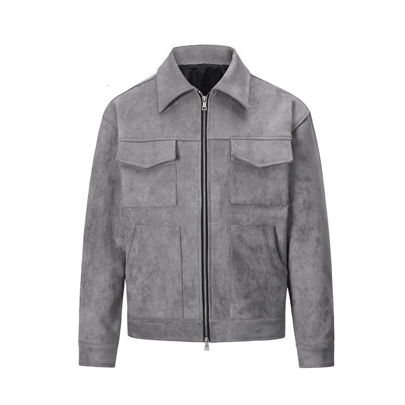 Men's Vintage Suede Zip Up Jacket Casual Short Sleeve Gray Hip Hop Streetwear B3