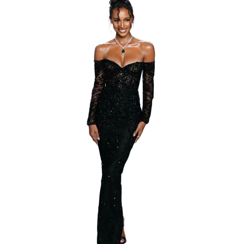 Sexy Illusion Black Sheath Evening Dresses Off Shoulder Long Sleeves Crystal Pearls Beaded Prom Gowns Appliques Formal Runway Fashion Party Special Oc