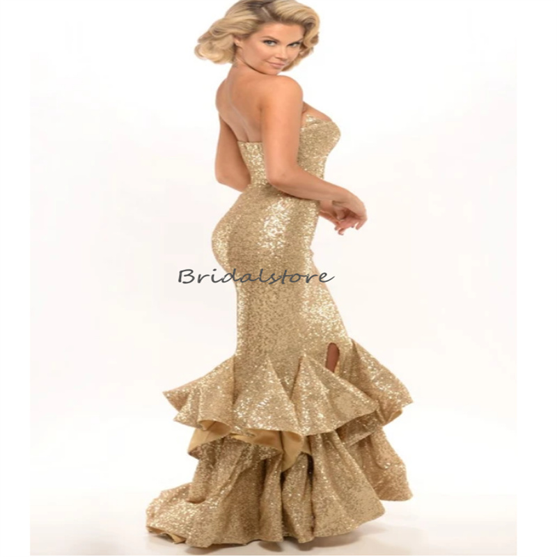 Luxury Gold Sequin Evening Dress With Ruffles Sparkle Mermaid Plus Size Prom Dress Elegant Celebrity Formal Party Occasion Gown Birthty Robes De Bal A