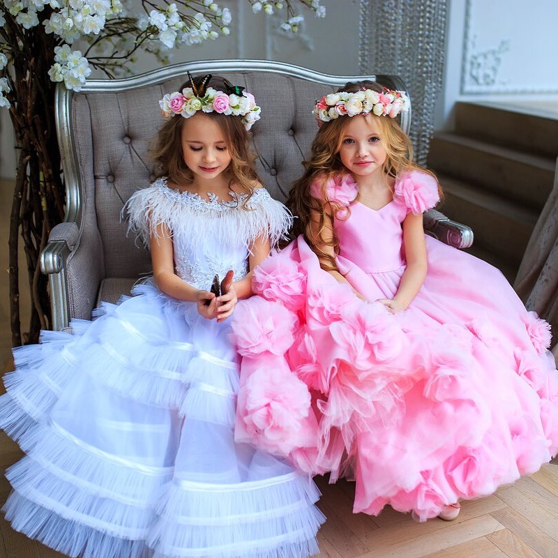 Cute Pink Flower Girls Dresses For Wedding Hand Made Floral Children Kids Party Communion Birthday Gowns