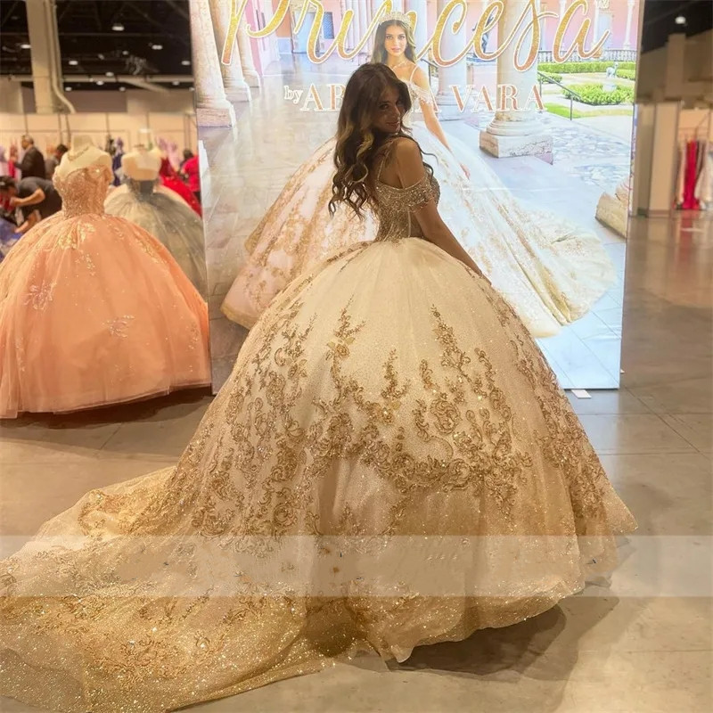 Champagne Gold Quinceanera Dress Straps Off Shoulder Sweet 16 Years Gowns Birthday Party Princess Puffy Ball Gown Formal Vestidos 322 B0313