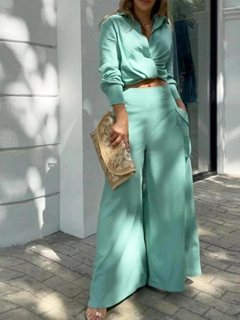 Womens Two Piece Pants 2023 Summer Solid Color Long Sleeve Suit Top Shirts Wide Leg Sexy Set For Women Casual Fashion Home Cloths